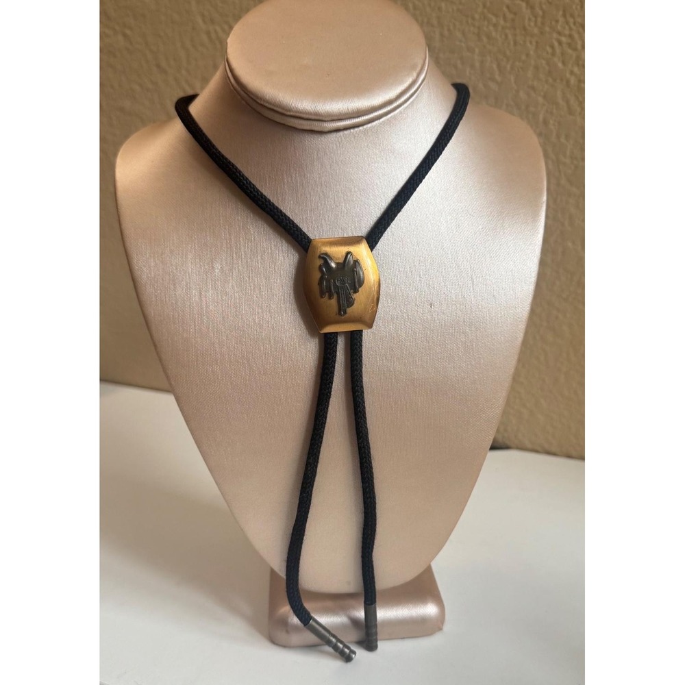 Vintage Western Copper Saddle Bolo Tie  Shield Black Braided Cord Cowboy Tie